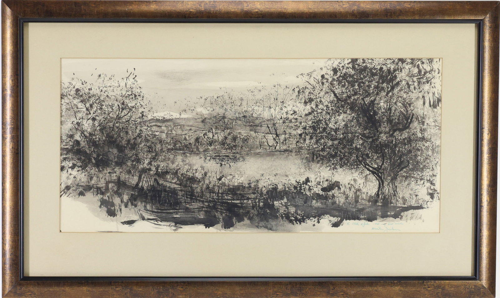 Martin Jackson (1919-1986): Ink on paper, SLR, Impressionist landscape with trees and marsh. 11"h x 25"w sight and 19"h x 32.5"w framed