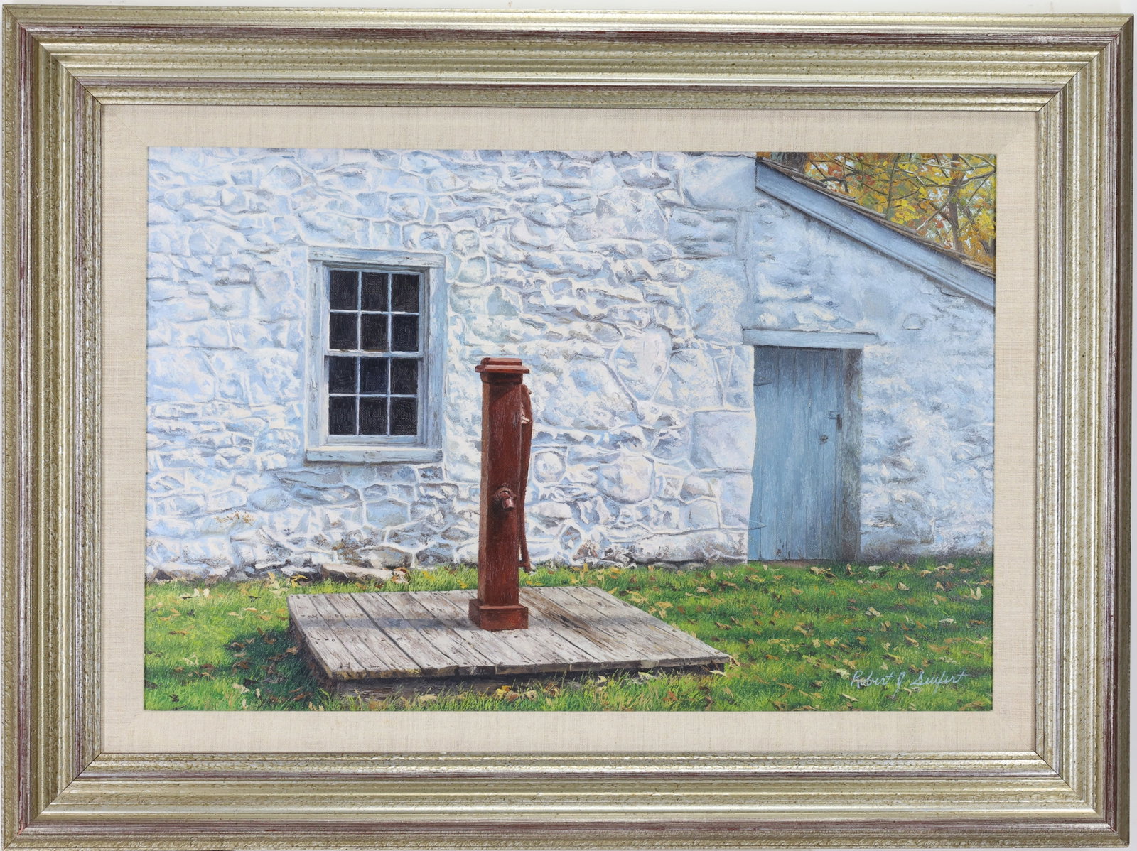 Robert Seufert (20/21st century): Oil on canvas, “Fresh Paint,” SLR. Realist architectural study with stone building facade and standing hand water pump set against grassy foreground.14”h x 21”w and 20”h x
