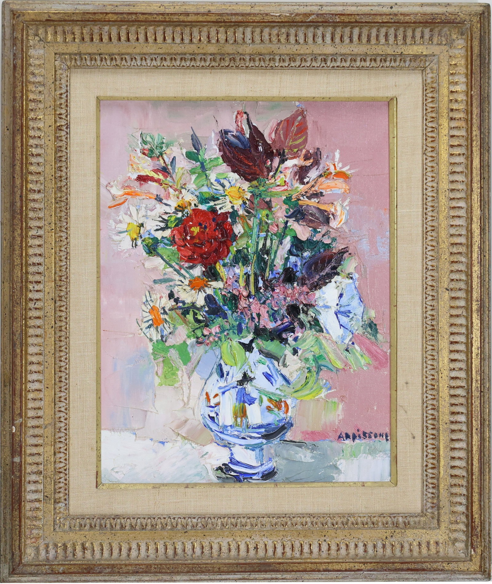 Yolande Ardissone (b. 1927): Oil on canvas, SLR. Modernist floral still life. 13"h x 10"w and 20"h x 17"w framed
