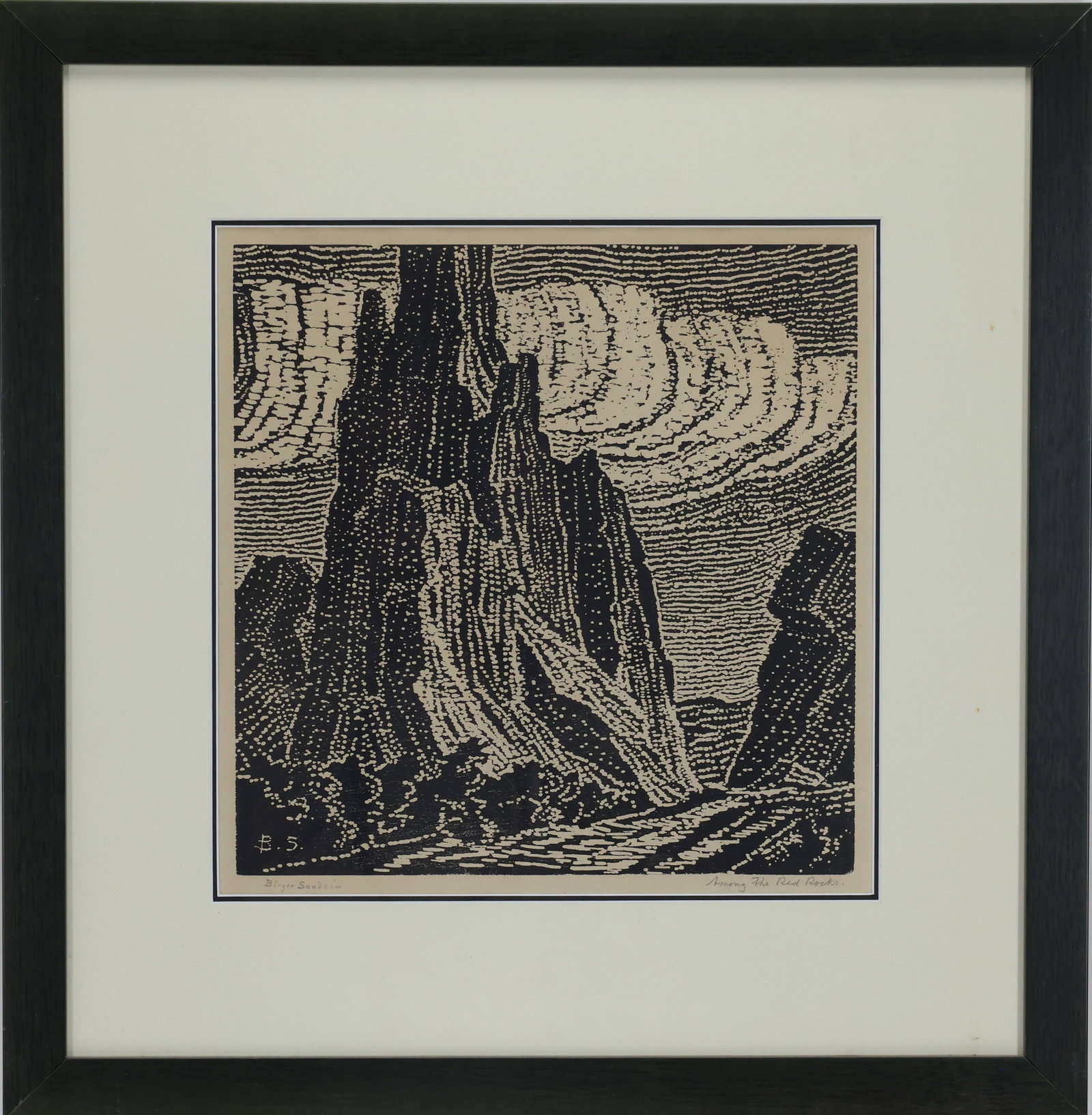 Birger Sandzen (1871-1954): Block print, "Among the Red Rocks", SLL. Massive rock formation piercing the sky. 12.5"h x 12"w and 21"h x 20.5"w framed