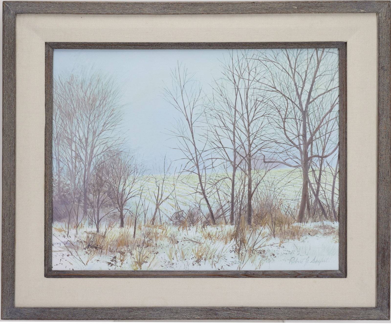Robert Seufert (20/21st century): Oil on canvas, "Tyler Greys". SLR. Snowy meadow landscape. 16"h x 20"w and 22"h x 26"w framed