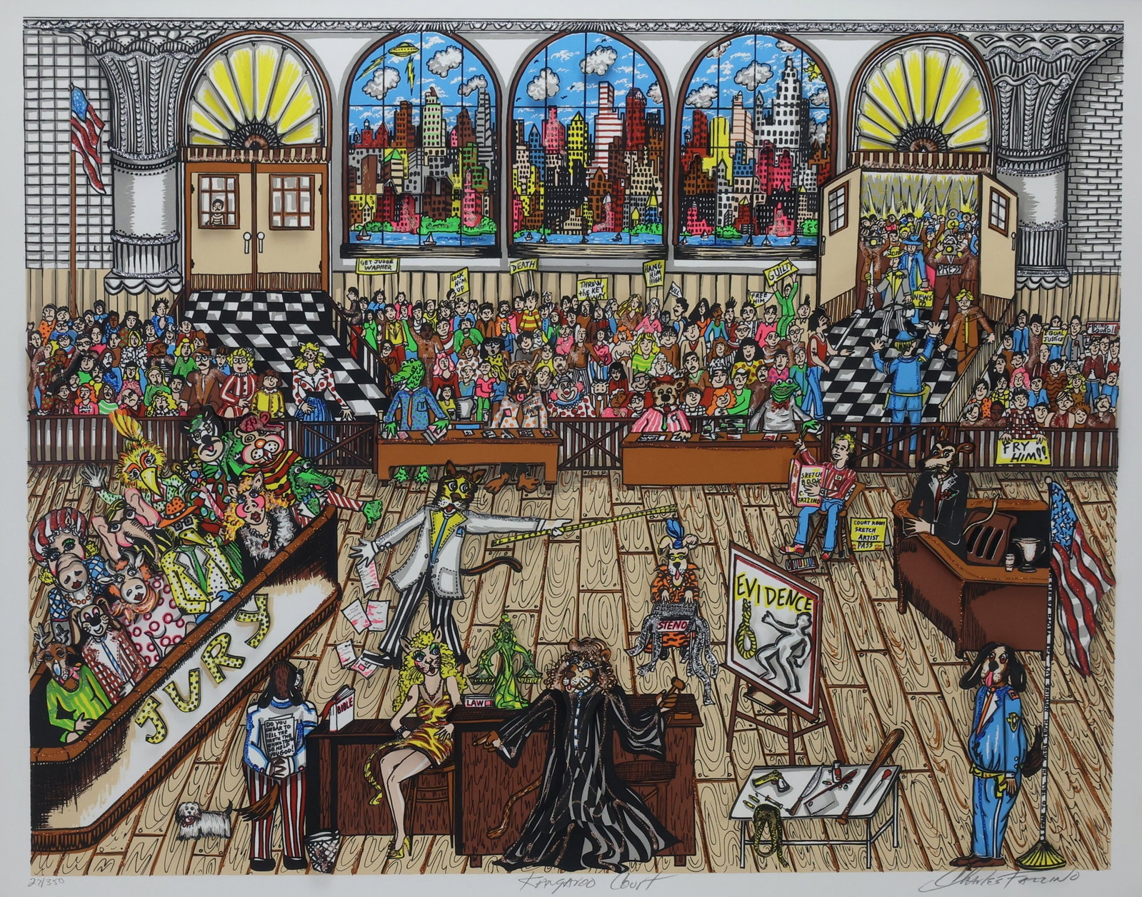 Charles Fazzino (b. 1955): Mixed media 3D serigraph, "Kangaroo Court", signed lower right, titled lower center, numbered 27/350 lower left, Pop Art courtroom scene with animals and figures, 24"h x 30"w sight and 33"h x 39"w
