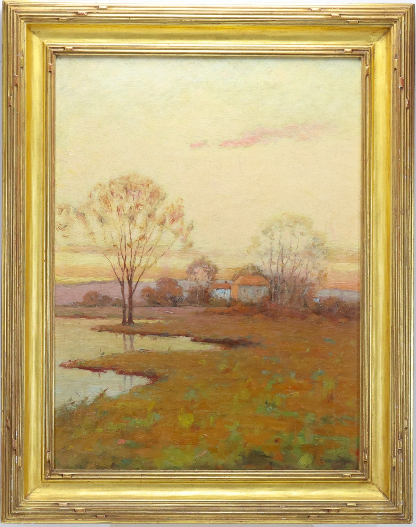 Clark Summers Marshall (1860 - 1944): Oil on canvas, "Rural Maryland Sunset", SLR, Impressionist rural landscape with pond, trees, and distant house at sunset, 24"h x 18"w and 29"h x 23"w framed.
