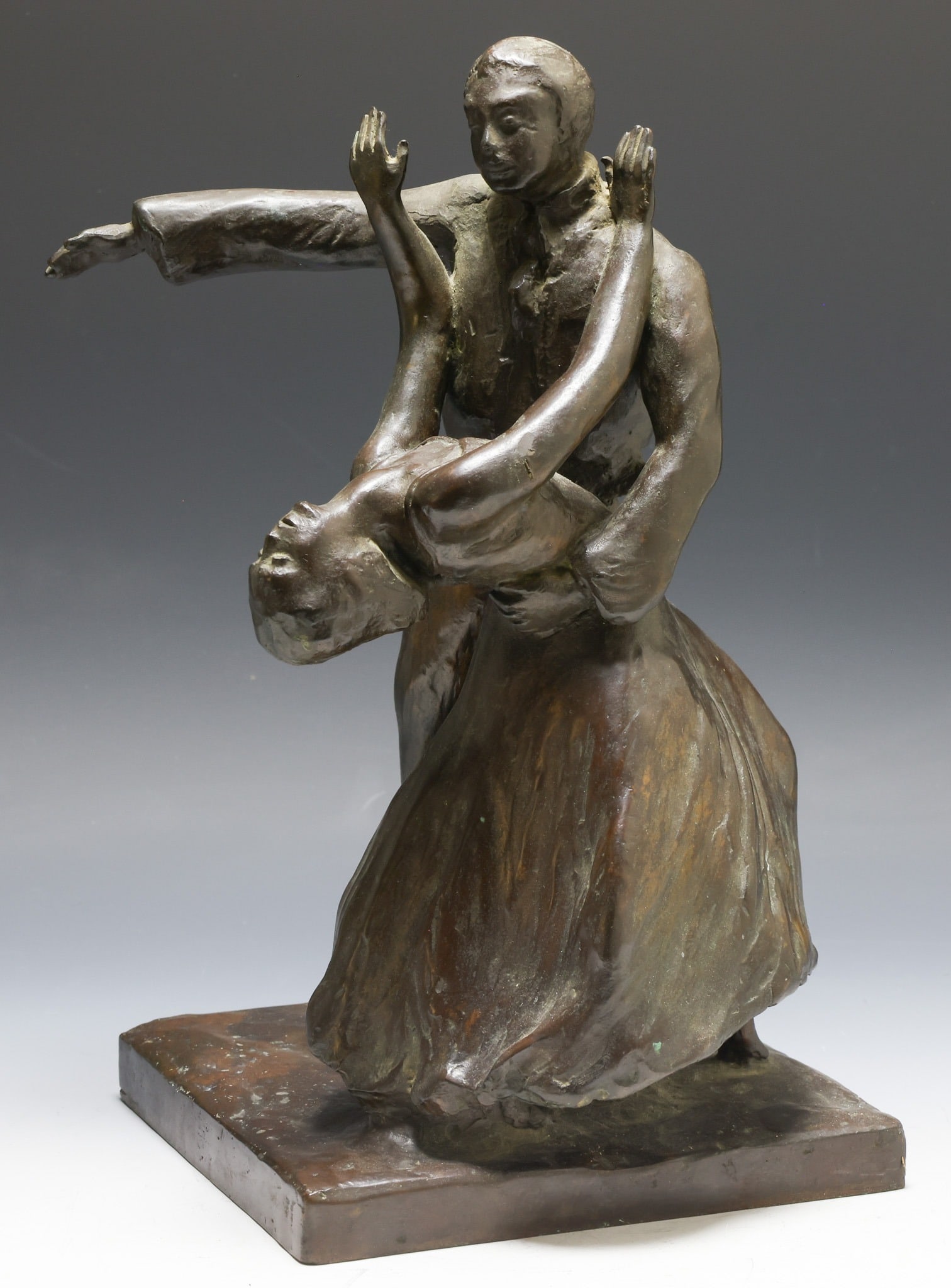 Stella Elkins Tyler (1884 - 1963): Bronze sculpture, depicting a couple dancing the Cuban mambo, impressed signature to the base, dated 1934, and with Roman Bronze Works foundry mark. 14"h x 8.25"w x 8.75"d