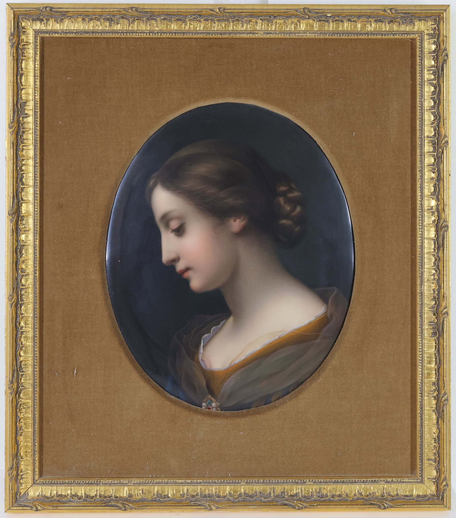 KPM Painted Porcelain Plaque: Porcelain plaque, Saint Cecilia after Carlo Dolci, signed, impressed KPM mark en verso, 10" h x 8" w and 16" h x 14" w framed.