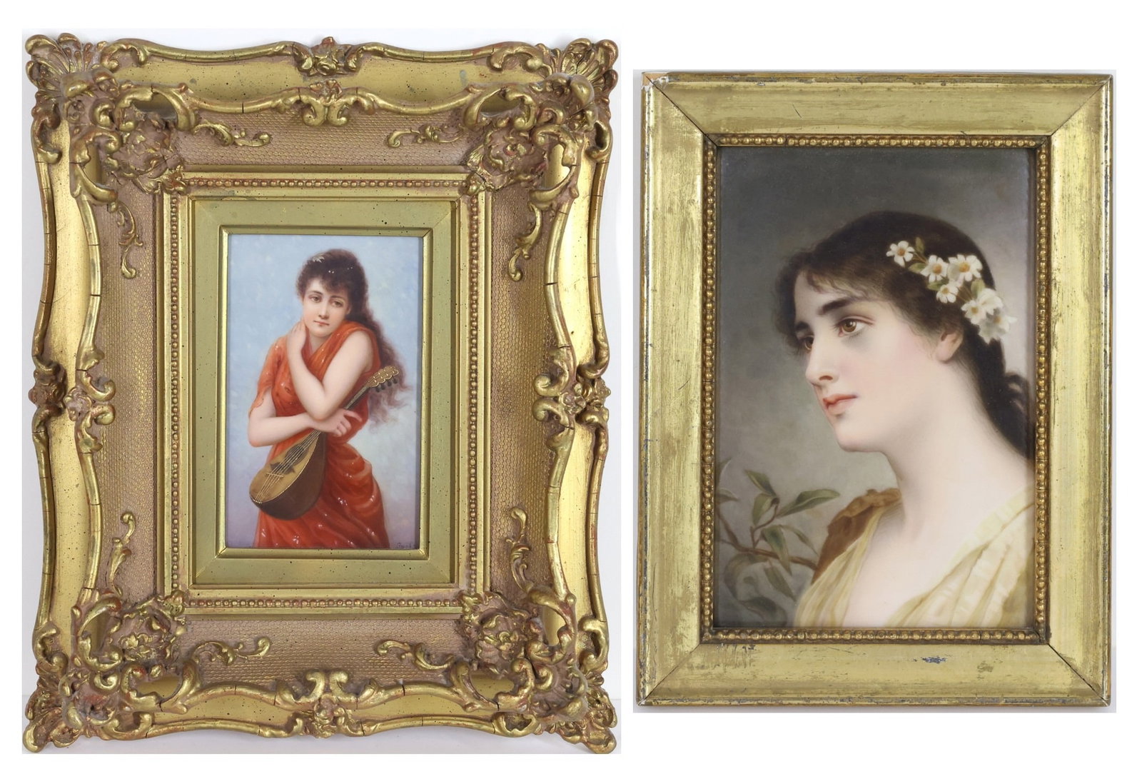 German Porcelain Plaques: (2) German painted porcelain plaques including Gebrüder Heubach, "La Cigale", signed Bisson, portrait of a woman with mandolin, 6"h x 4"w and 13.5"h x 11"w framed; and possibly Ackerman & Fritze,