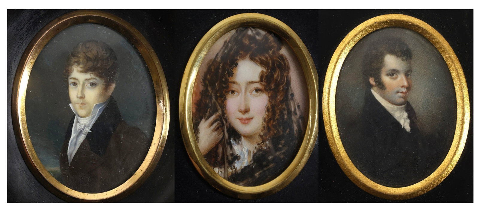 Miniature Portraits: (3) Watercolor/gouache portrait miniatures including woman with curly hair in a white dress, 2.25"h x 1.75"w and 4.25"h x 3.75"w framed; gentleman in dark coat with white cravat, attributed to Henry H