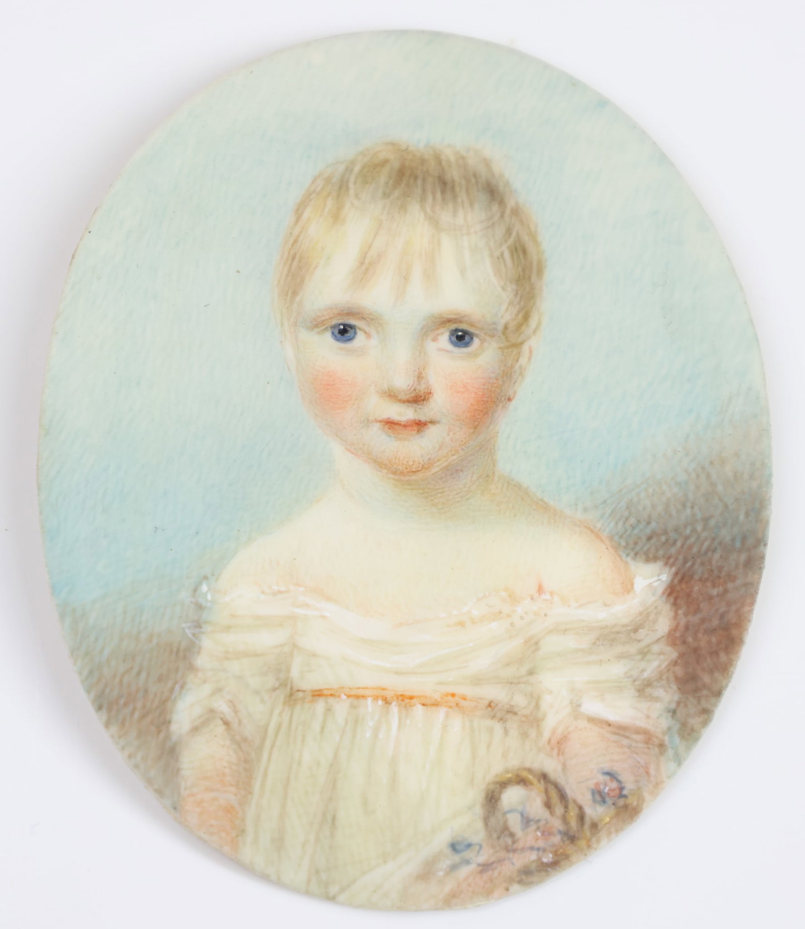 Attr. William Grimaldi (1751 - 1830): Watercolor/gouache on ivory portrait miniature of a child in white dress, attributed to William Grimaldi, with hairwork memorial verso and handwritten identification, 2.25"h x 2"w and 2.75"h x 2.25"w