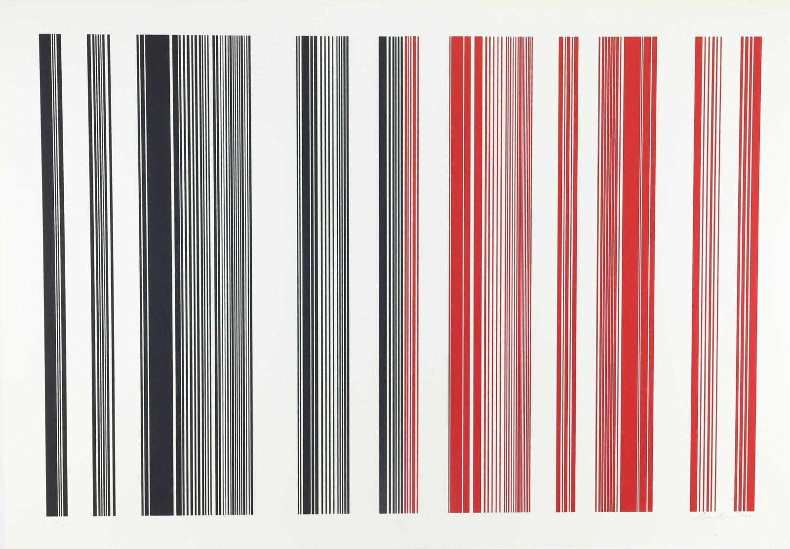 Gene B. Davis (1920-1985): Silkscreen on paper, "Night Rider", pencil signed and dated '83, edition 231 of 250. Abstract of red and black vertical lines. 28"h x 40"w overall unframed