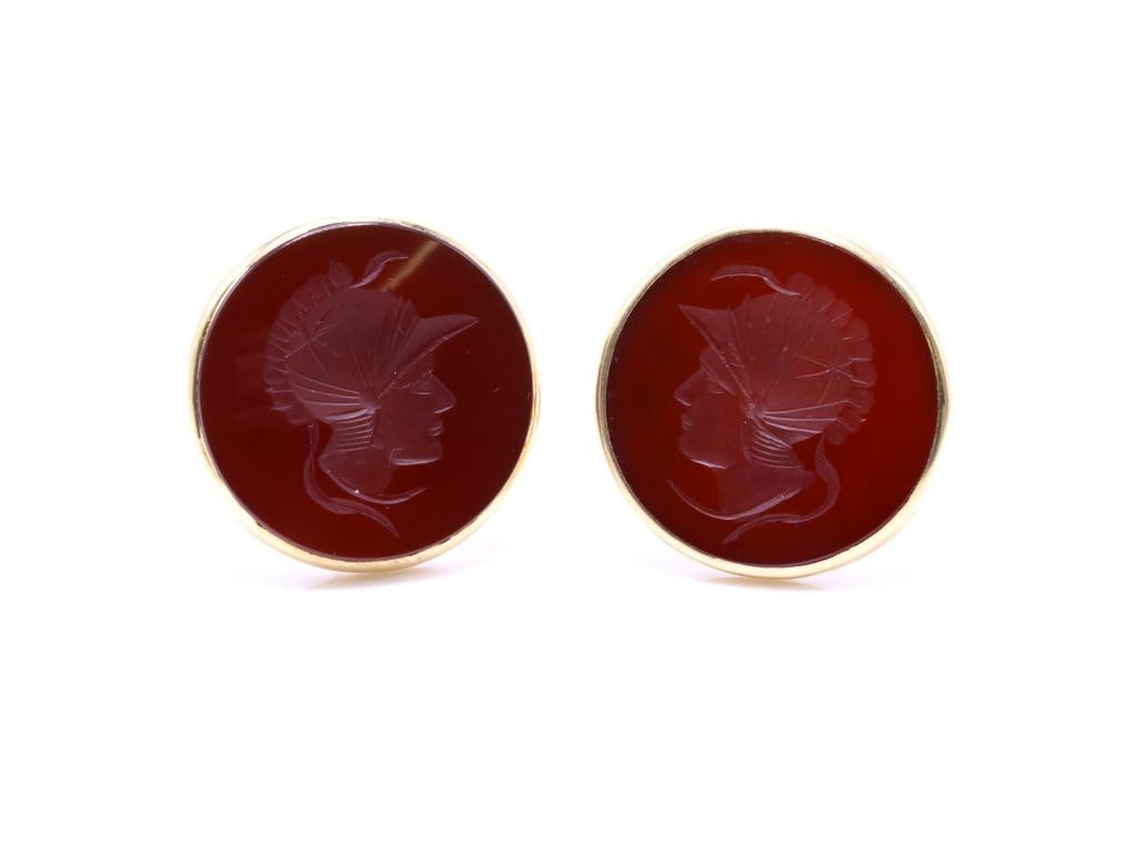 14k YG Carnelian Cufflinks: 14K gold carnelian intaglio cufflinks, each carved with the profile of a classical warrior. 1", 11.1 dwt.