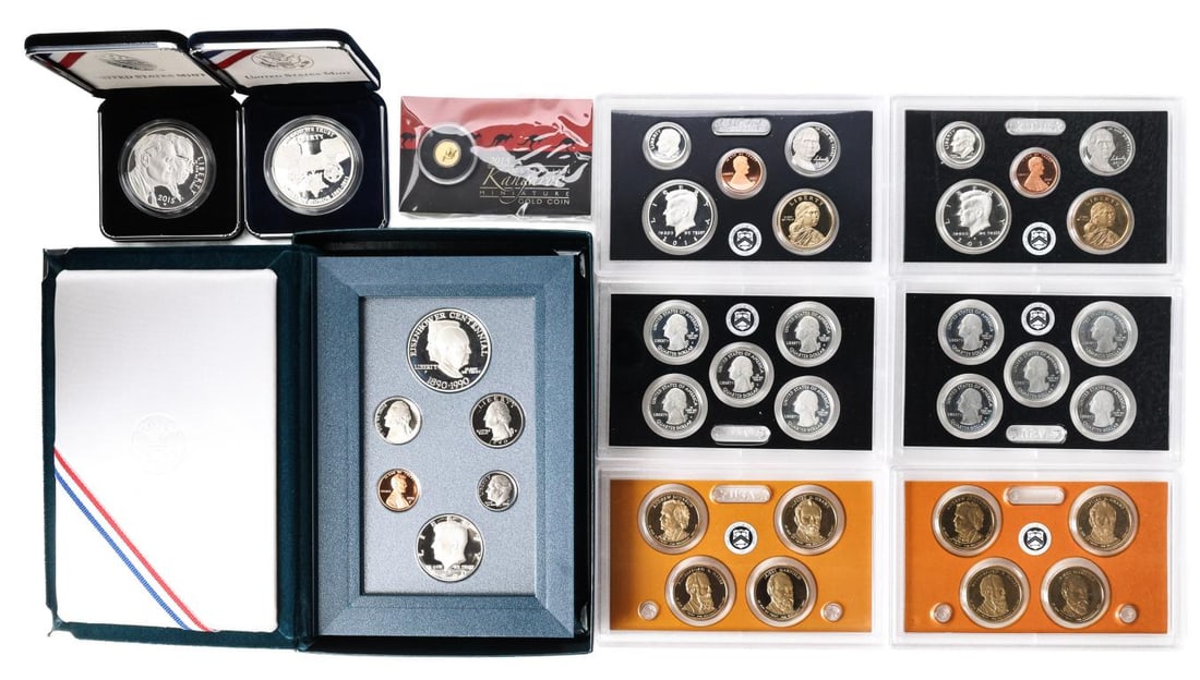 Silver and Gold Coin Proof Sets: 1990 Prestige proof set, including an Eisenhower Centennial silver dollar (900 silver, 38.1mm, 0.85 ozt). 2011 silver proof sets (2), each including a silver dime (900 silver, 0.08 ozt), a silver half