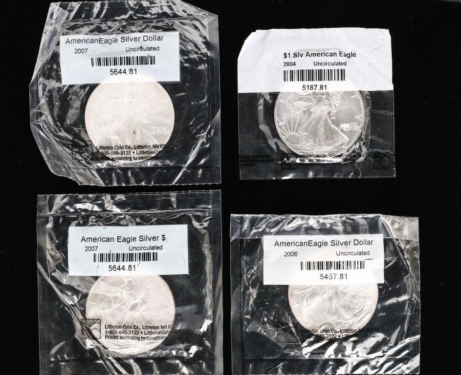 American Silver Eagle Dollar Coins: US uncirculated fine silver dollar coins, 2004, 2006, and 2007 (x2). (4) coins. 40.6 mm and approx. 1.0 ozt, approx. 4 ozt overall