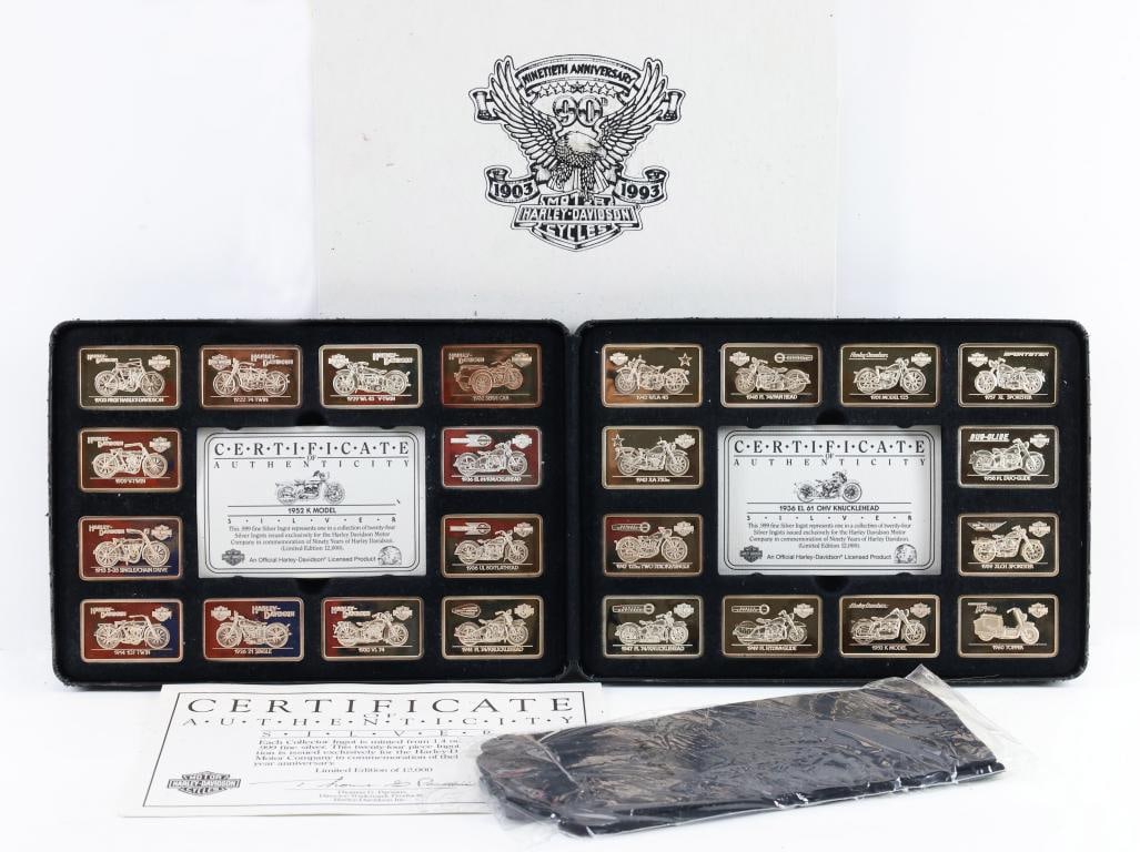 Harley-Davidson 90th Anniversary Fine Silver Ingot Set: Fine silver 1993 Harley-Davidson 90th Anniversary Commemorative Silver Ingot Set by Brookfield Collectors Guild, in a storage case (significant deterioration to the faux leather noted), and with paper