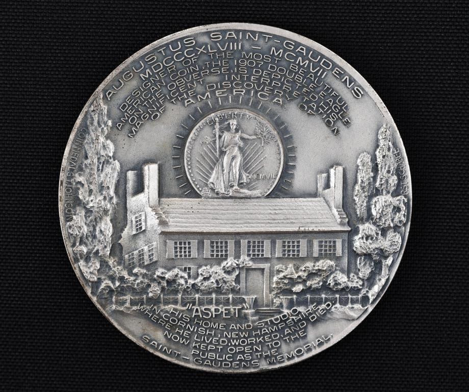Metal Arts Co. Great Coin Designers Fine Silver Medallion: Fine silver medallion, "Sculptor's Model of the Augustus Saint-Gaudens Commemorative Medal", first in a series of six medallions commemorating great coin designers, issued 1961-1962. Includes a plasti