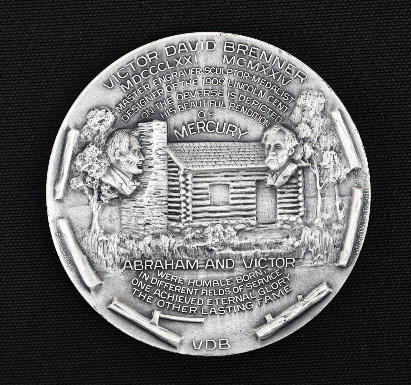 Metal Arts Co. Great Coin Designers Fine Silver Medallion: Fine silver medallion, "Sculptor's Model of the Victor David Brenner Commemorative Medal", second in a series of six medallions commemorating great coin designers, issued 1961-1962. Includes a plastic