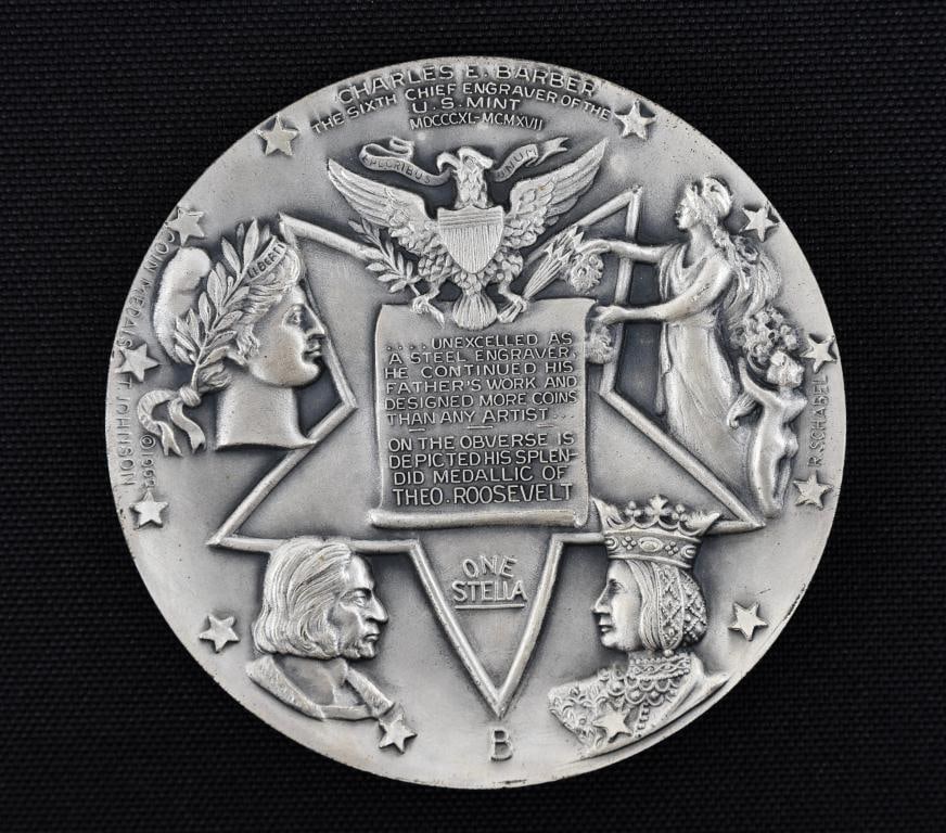 Metal Arts Co. Great Coin Designers Fine Silver Medallion: Fine silver medallion, "Sculptor's Model of the Charles E. Barber Commemorative Medal", third in a series of six medallions commemorating great coin designers, issued 1961-1962. Includes a plastic cas