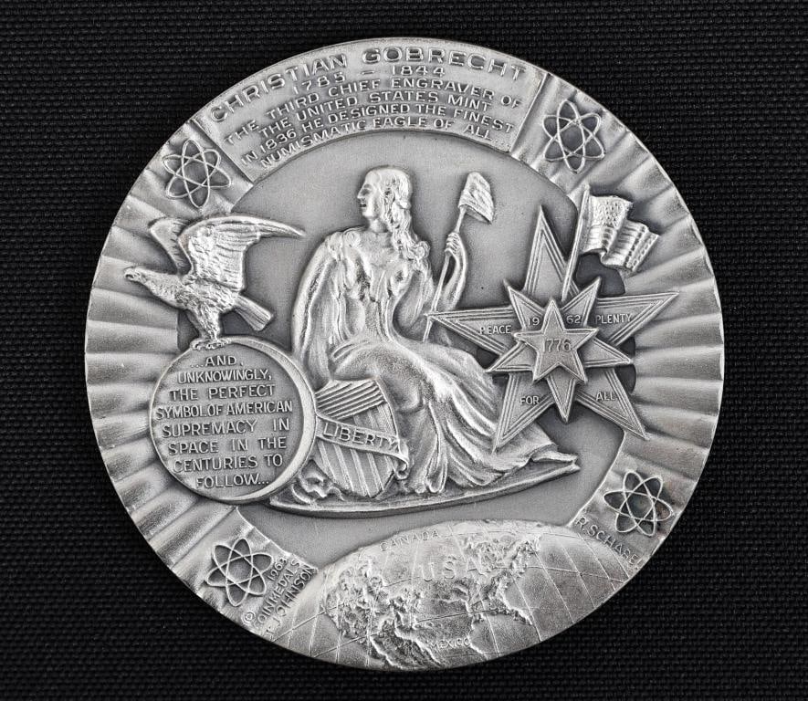 Metal Arts Co. Great Coin Designers Fine Silver Medallion: Fine silver medallion, "Sculptor's Model of the Christian Gobrecht Commemorative Medal", forth in a series of six medallions commemorating great coin designers, issued 1961-1962. Includes a plastic ca