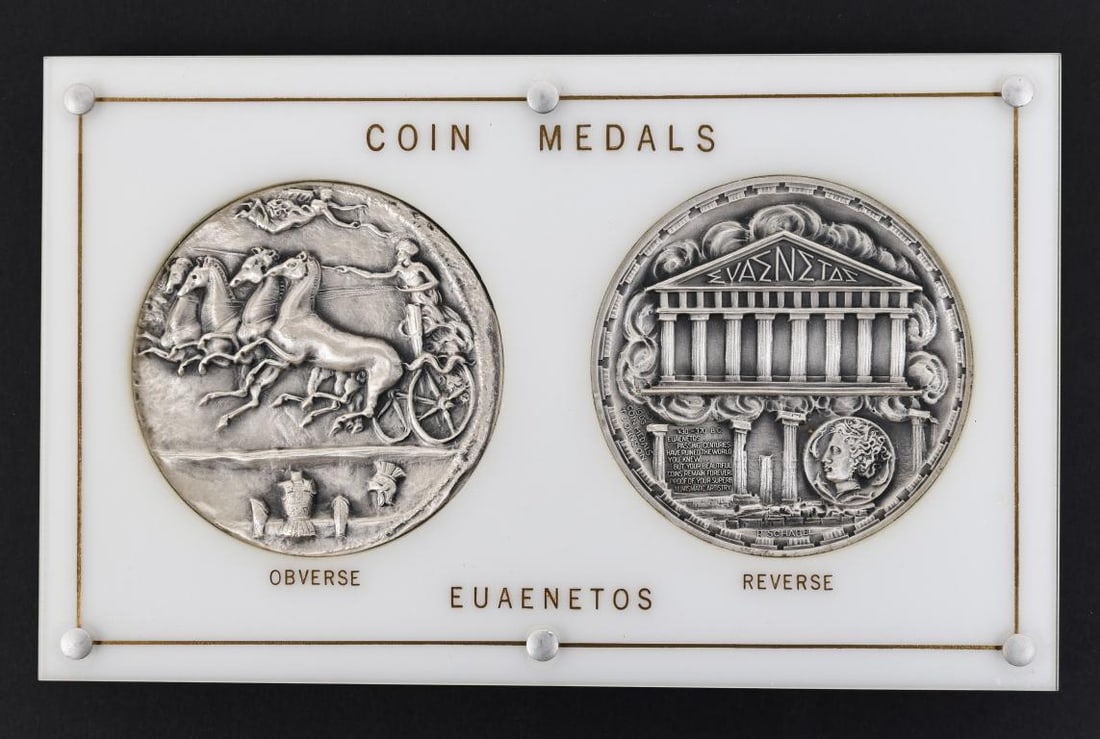 Metal Arts Co. Great Coin Designers Fine Silver Medallions: Fine silver medallions, "Sculptor's Model of the Euaenetos Commemorative Medal", fifth in a series of six medallions commemorating great coin designers, issued 1961-1962. Sealed in a plastic case, and