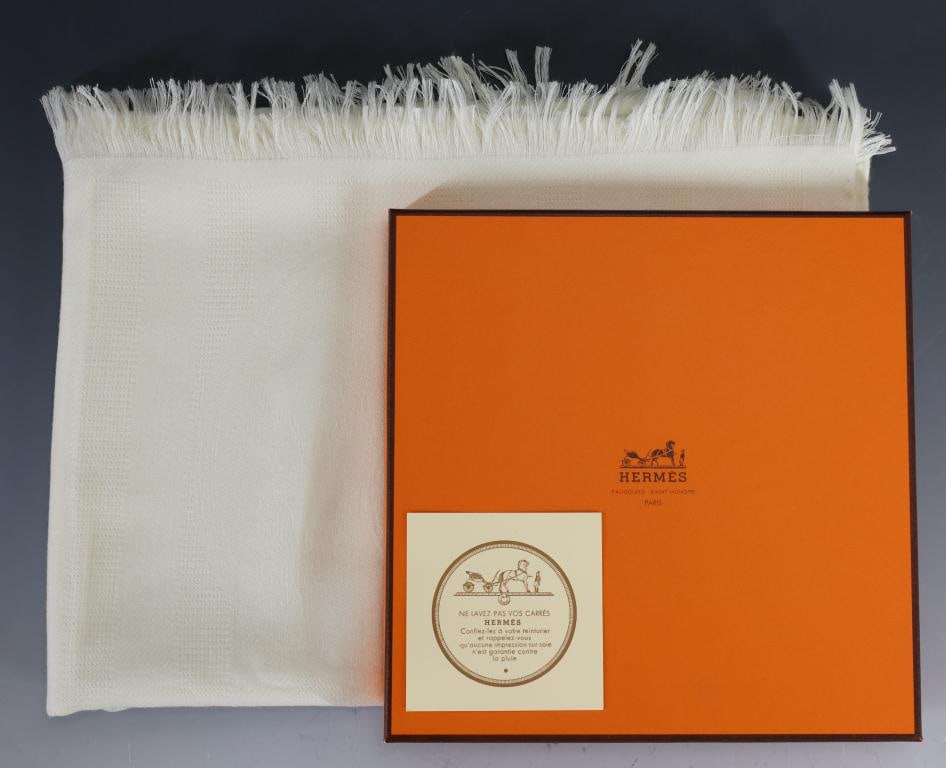 Hermès Etole New Libris Stole: Cashmere and silk jacquard weave scarf/stole, Confettis d'Ex-Libris design. Retains original tag. 83" length x 28"w