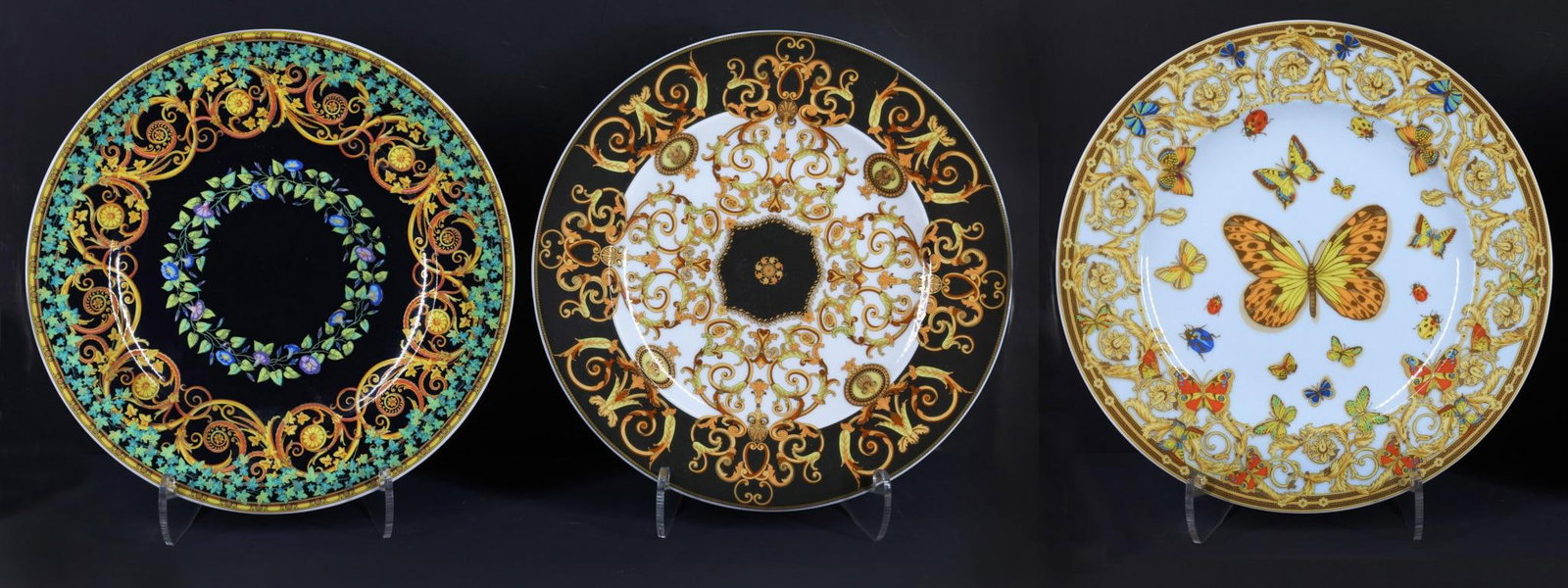Rosenthal - Versace Porcelain Plates: Designer porcelain bread & butter plates, "Gold Ivy", "Le Jardin de Versace", and "Barocco", with various Rococo type motifs. (3) pieces. 7.25"w