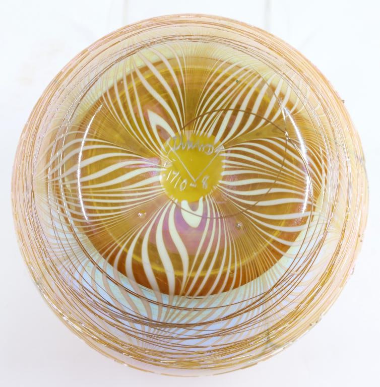 Durand Threaded Glass Vase: Art Nouveau iridescent glass bulbous vase with a flared mouth, featuring a yellow and white pulled feather motif on an orange ground and overlayed with threading. Etched Durand 1710-8 to the foot.