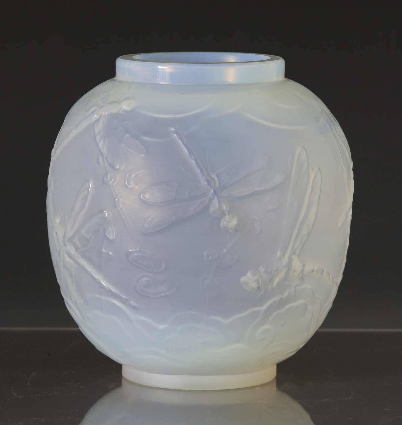 Sabino Opalescent Glass Vase: French Art Deco opalescent molded glass globular vase with a dragonfly motif. Etched Sabino Paris to the foot. 5.5"h x 5"w