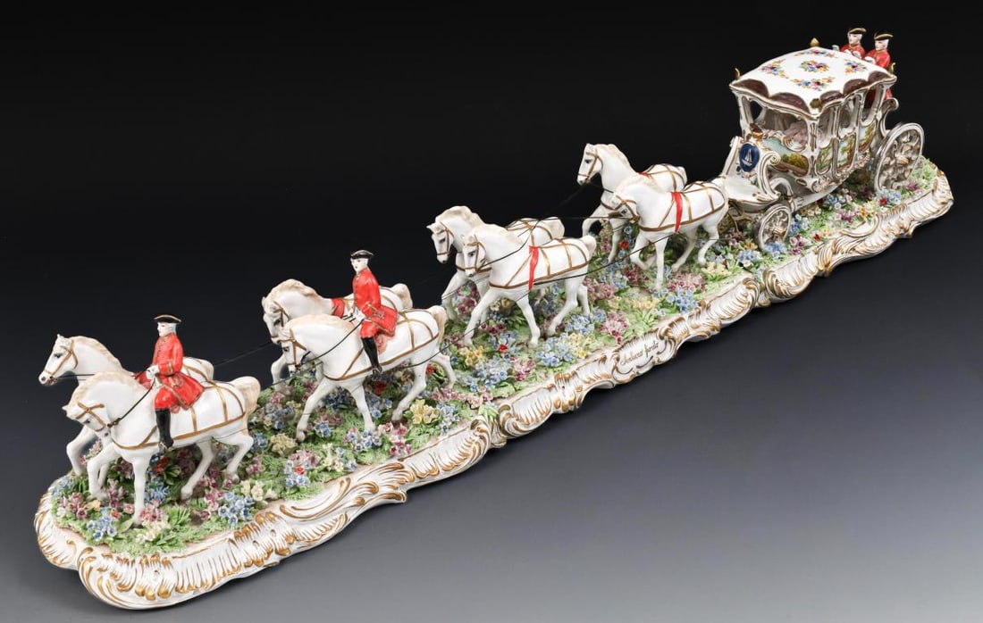 Luigi Fabris (1883 - 1952) Porcelain Figural Group: Italian porcelain sculpture, part of the "Berlina di Gala" series, depicting a ceremonial royal carriage pulled by eight horses, attended by four coachmen, with a lady in lace dress inside the coach, 