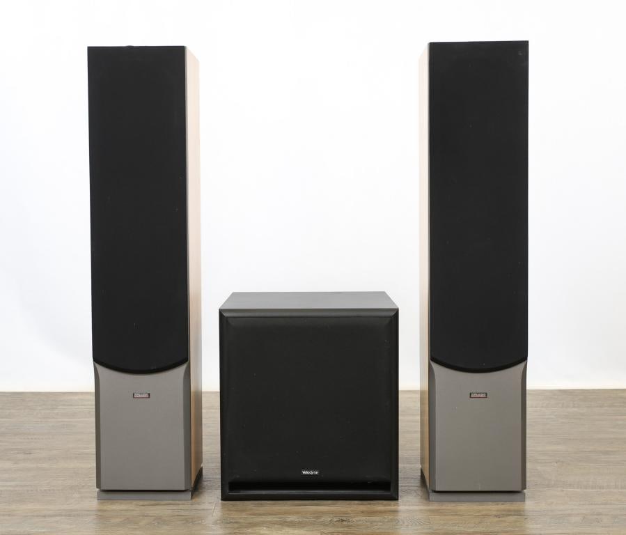 Dynaudio Audience 72 E Speakers and Velodyne Subwoofer: Dynaudio Audience 72 E 2.5-way bass reflex tower 4 ohm floorstanding speakers with dual 17 cm mid/bass drivers and 28mm soft-dome tweeter, ID No. 9771XX, maple finish, made in Denmark, 37.5"h x 8"w x 