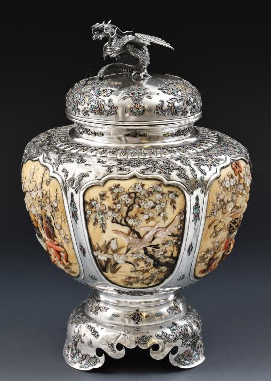 Ikkin Japanese Silver Shibayama Koro: Meiji era silver koro urn of bulbous form, with six inset panels decorated with inlaid mother of pearl and other natural materials, forming various scenes of birds and flowers, featuring a dome cover 