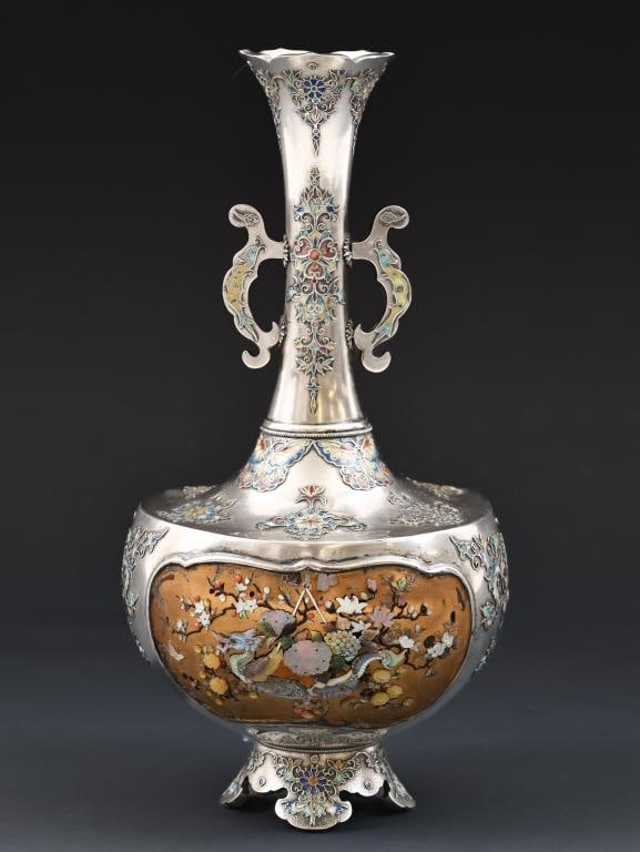 Haruaki Japanese Silver Shibayama Vase: Meiji era silver vase with two inset gold fundame lacquered panels decorated with inlaid mother of pearl and other natural materials, forming a hawk among cherry blossoms and other flowers in one pane