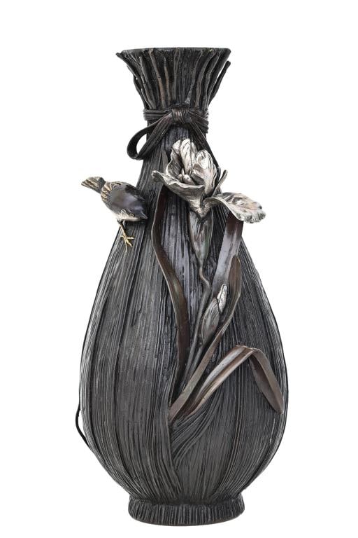 Japanese Mixed Metal Relief Vase: Meiji era shibuichi vase with silver and gold, in the form of a bundle of reeds tied with a ribbon, featuring high relief decoration in the form of a swallow and an iris. The floor of the interior is 