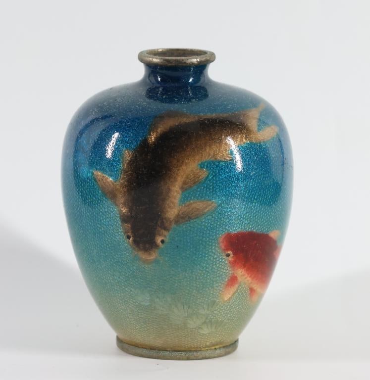 Ogasawara Shuzo Japanese Ginbari Cloisonne Vase: Meiji - Taisho era ginbari cloisonne bulbous vase with silver plated mounts, depicting red and black carp swimming, the stippled background imitating water. Marked to the foot. Pitting to the metal mo