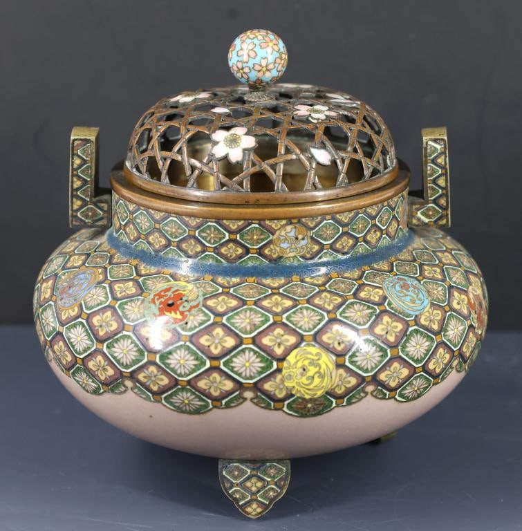 Japanese Cloisonne Censer: Meiji - Taisho era silver wire cloisonne censer with goldstone accents, decorated with a brocade of rosettes overlaid with balls in the form of stylized dragons and phoenixes, the lower portion with a
