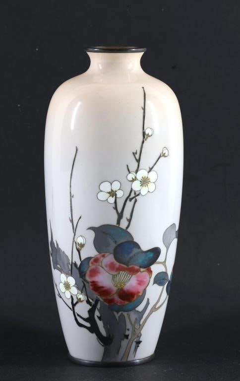 Japanese Cloisonne Vase: Meiji - Taisho era silver wire cloisonne vase with silver plated mounts, decorated with plum blossoms and camellia flowers on a gradient periwinkle and peach ground. Unmarked. There are two hairlines 
