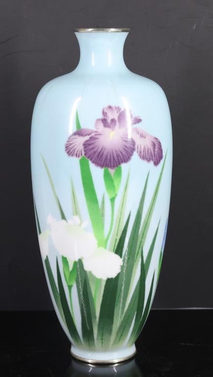 Hayashi Kodenji Japanese Wireless Cloisonne Vase: Meiji era musen shippo / wireless cloisonne vase with silver plated mounts, decorated with irises on a sky blue ground. Marked to the foot for Hayashi Kodenji (1831 - 1915). Some hairlines around the 