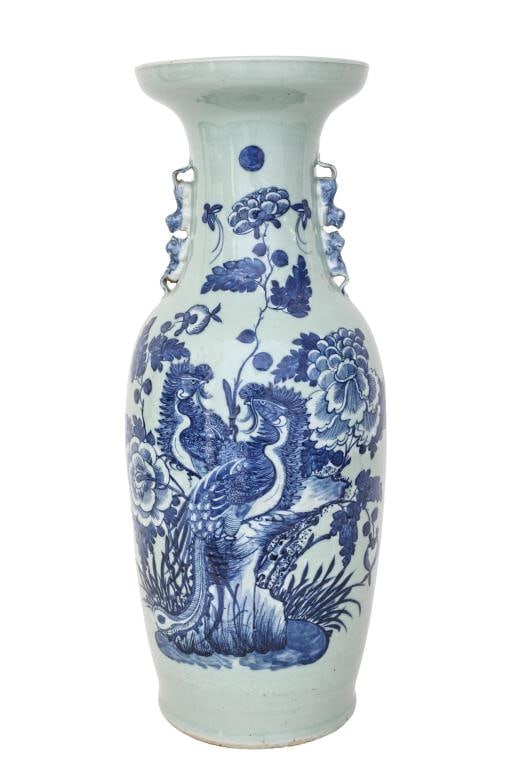 Chinese Blue and Celadon Floor Vase: Qing era floor vase with underglaze cobalt decoration depicting a pair of phoenixes and a pair of butterflies in a chrysanthemum garden under a full moon on a celadon ground, with applied double foo d