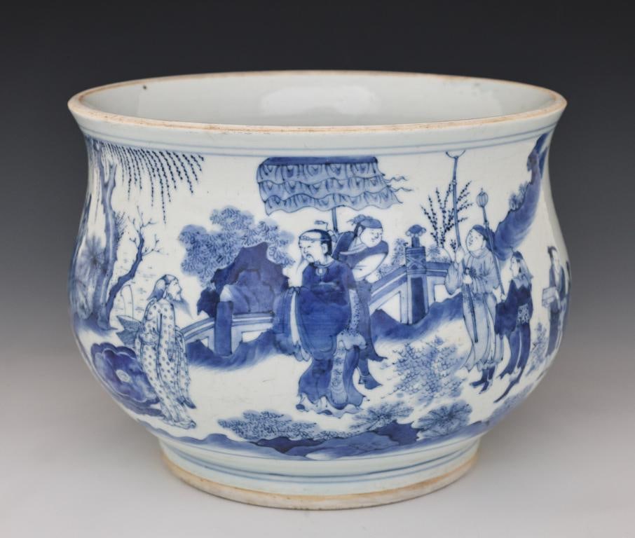 Chinese Blue and White Porcelain Censer: Transitional - Qing era porcelain bombe censer with an everted rim and tapered foot, with underglaze cobalt decoration depicting the meeting of King Wen of Zhou and Jiang Ziya, featuring double and si