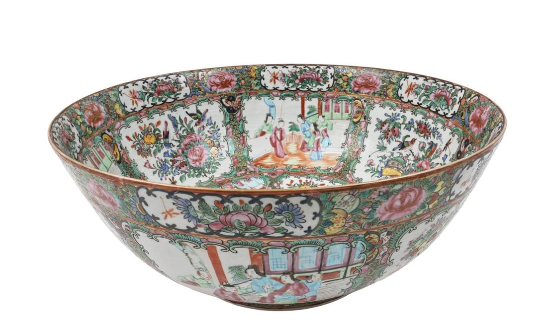 Chinese Rose Medallion Porcelain Punch Bowl: Qing era export porcelain bowl, decorated with figures in court scenes, birds, butterflies, flowers, and fruit. Some areas of glaze loss. 6.5"h x 15.75"w