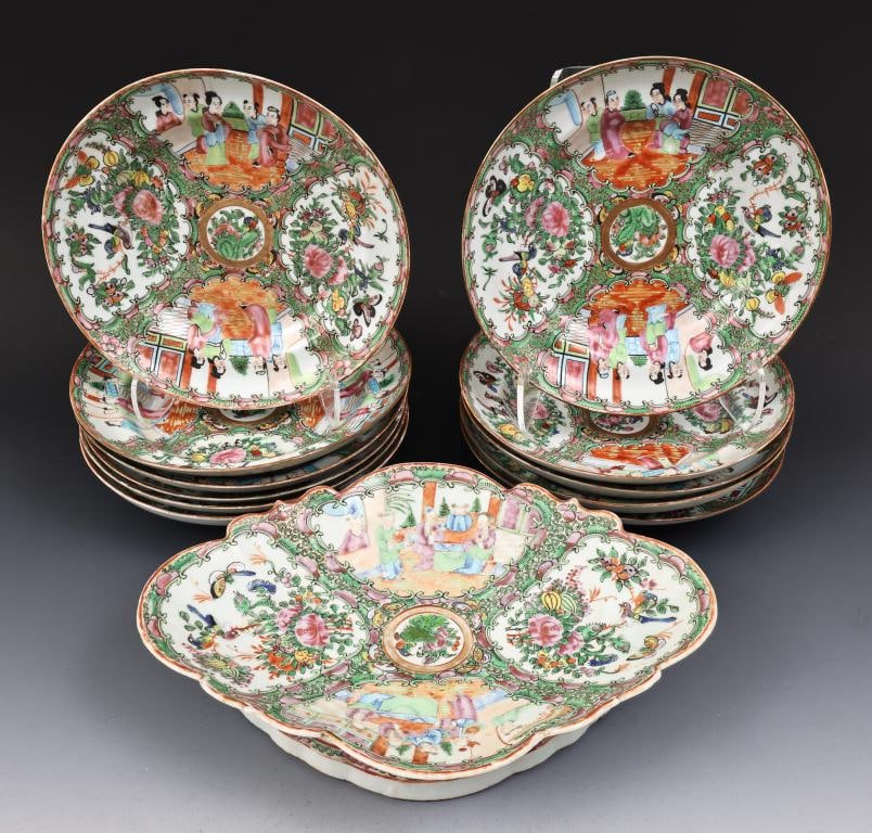 Chinese Rose Medallion Porcelain Dishes: Qing era export porcelain pieces, decorated with figures in court scenes, birds, butterflies, flowers, and fruit, including an oval footed server with scalloped rim, 3"h x 13.5"w x 10", and a set of s