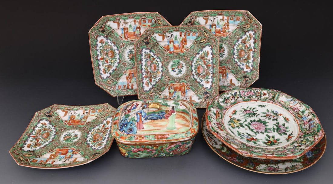 Chinese Famille Rose Porcelain Dishes: Qing era export pieces, with various motifs of figures in court scenes, treasures, birds, butterflies, fish, flowers, and fruit, including a butter dish with pierced insert, 3"h x 5.5"w x 4.25"d, a ro