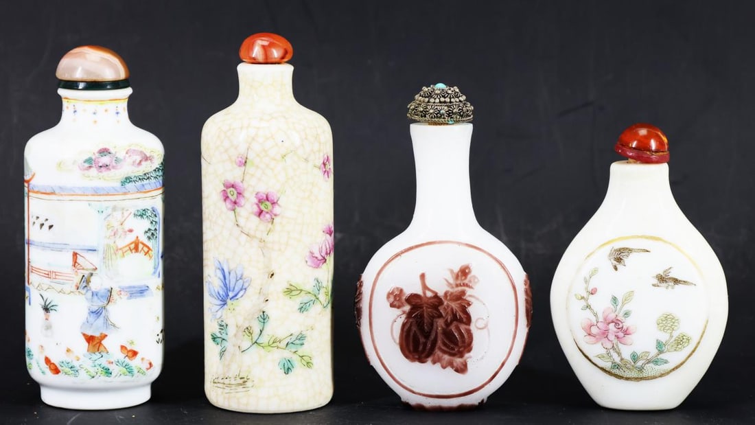Chinese Snuff Bottles: Qing era snuff bottles, including a famille rose porcelain example depicting a dragon flying over a court scene with figures in a garden and with an agate stopper and Wan Yu mark, a crackle glaze pott