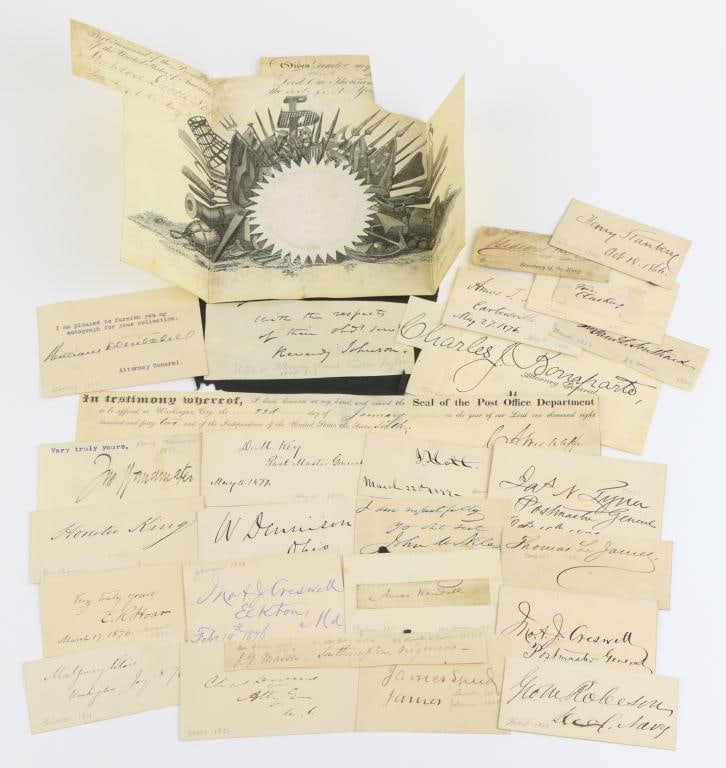 Autographs of United States Cabinet Officers-Attorney General, Postmaster General and Secretary of: Large collection of autographs of United States cabinet officers including; 1.) Grouping of 9 autographs (on cards or clips) of United States Attorney Generals. 2.) Grouping of 14 autographs of United