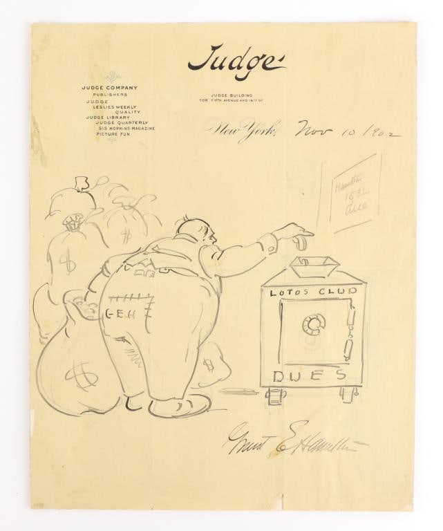 Autograph and Original Art by Political Cartoonist Grant E. Hamilton: Original political cartoon dated November 10, 1902 on Judge magazine letterhead. Sheet measures 11" x 8.5" and is signed in lower right "Charles E. Hamilton". Cartoon shows Hamilton wearing threadbare