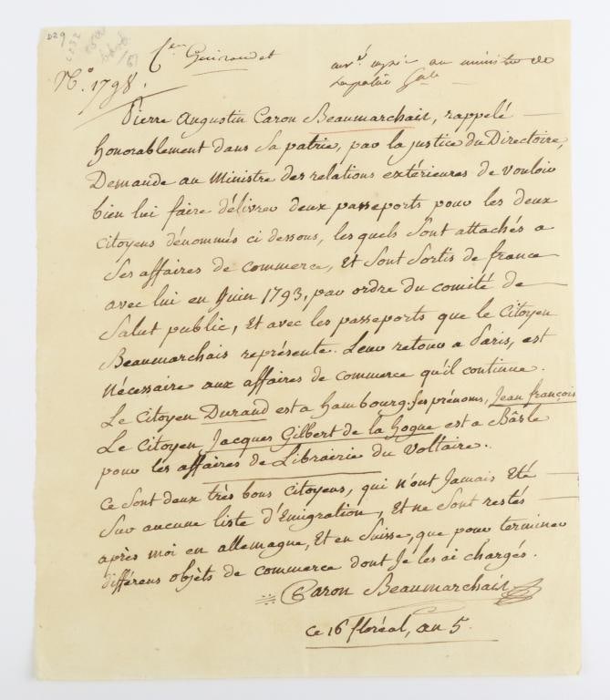 Autograph of Pierre-Augustin Caron de Beaumarchais-French Playwright and Diplomat: Autograph of Pierre-Augustin Caron de Beaumarchais (1732-1799) French playwright and diplomat known for his three Figaro plays (including the Barber of Seville). During his life he also worked as a wa