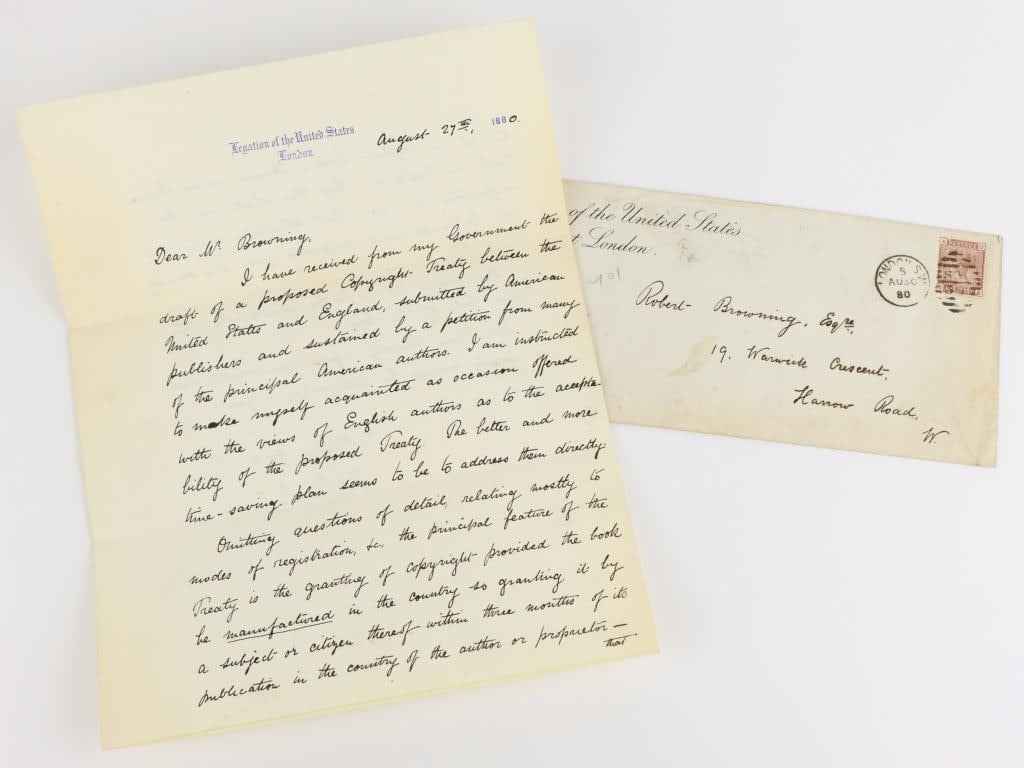 Autographed Letter by American Poet James Russell Lowell to English Poet Robert Browning Regarding: Interesting 2pp letter from American poet and United States Minister to the United Kingdom James Russell Lowell to English poet Robert Browning. Letter on “Legation of the United States, London&rdqu