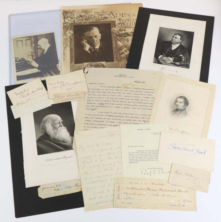 Autographs of Notable Authors and Writers: Collection of 15 autographs of notable authors including 1.) Autograph of Henry Wadsworth Longfellow (1807-1882) American poet and educator. Clip autograph signed “Yours truly, Henry W. Longfellow, 