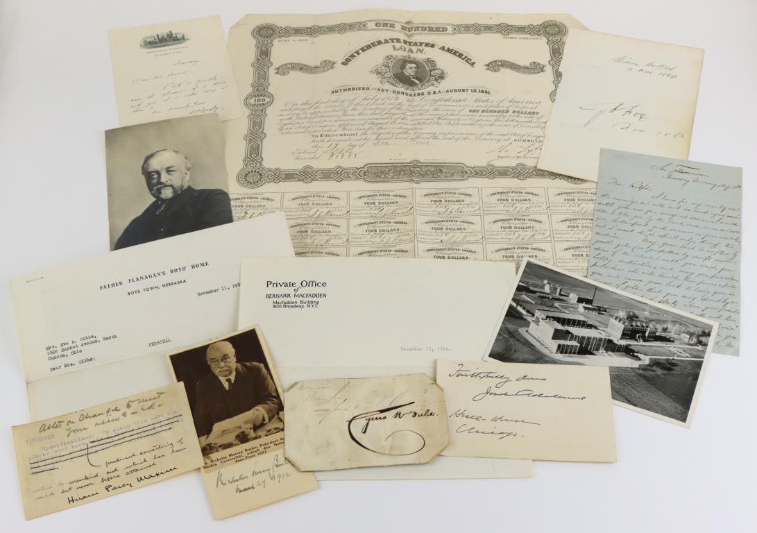 Collection of Notable Persons-Civil War, Science, Nobel Prize Recipients and Others: Collection of 10 autographs of notable persons including 1.) Autograph of Robert Tyler (1816-1877) eldest son of President of the United States John Tyler. He served as the Confederate Register of the