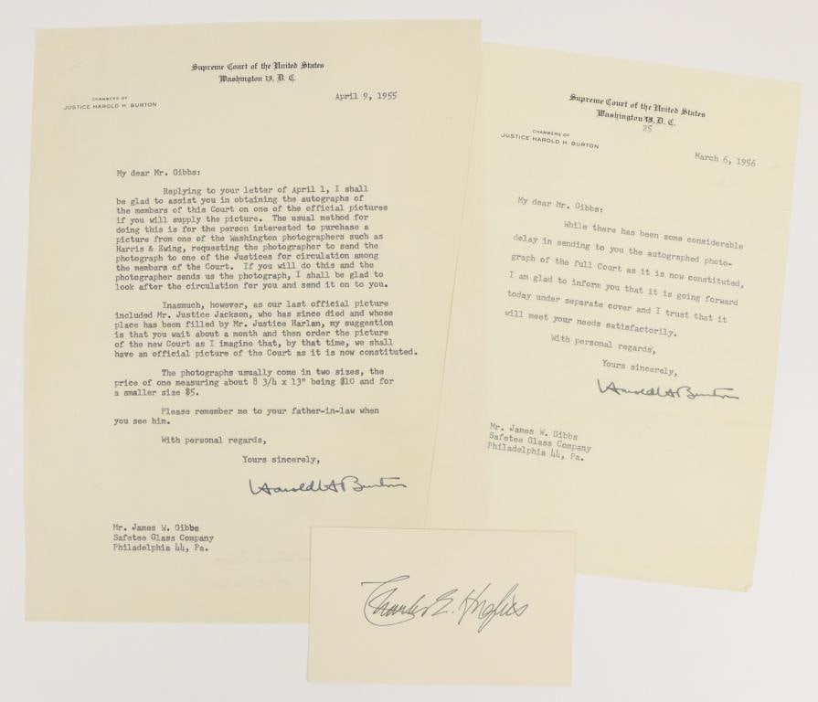 Autographs of United States Supreme Court Justices: Collection of 3 autographs of United States Supreme Court Justices including 1.) Autograph of Charles Evans Hughes (1862-1948) American politician, academic, and chief justice of the United States Sup