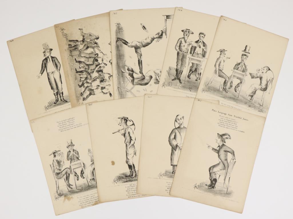 Nineteenth Century Illustrations Showing American Western Discrimination Against Chinese: Group of 9 unbound black and white lithographs with illustrations by Joseph Hull and poetic text by Bret Harte titled "PLAIN LANGUAGE FROM TRUTHFUL JAMES" that was originally published under the title