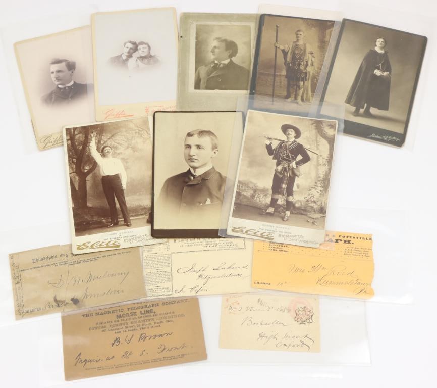Theatrical and Telegraph History Collection: Collection of theatrical and telegraph history related ephemera including; 1.) Grouping of 8 cabinet cards related to 19th century actors including Robert Mantell (2), Harry W. Storms (4) and 2 uniden